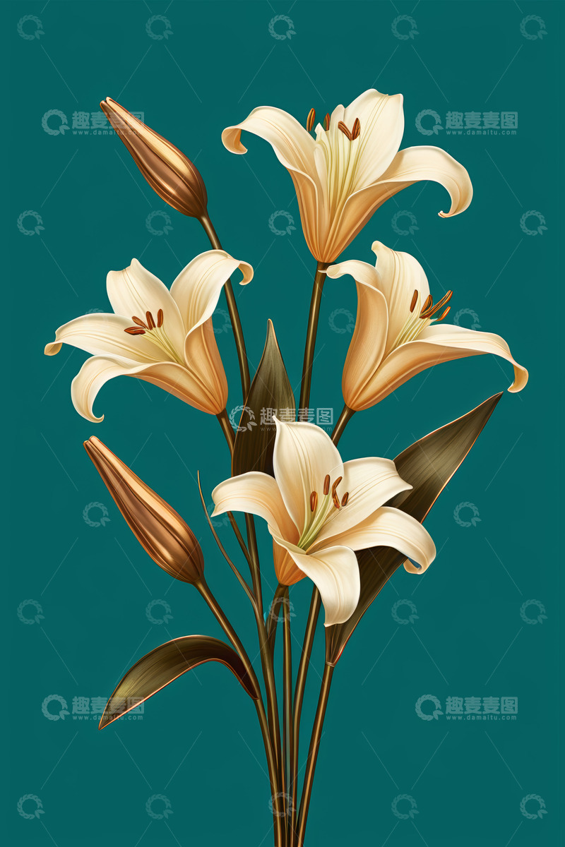 高清大图下载【趣麦麦图】米黄色百合花插画