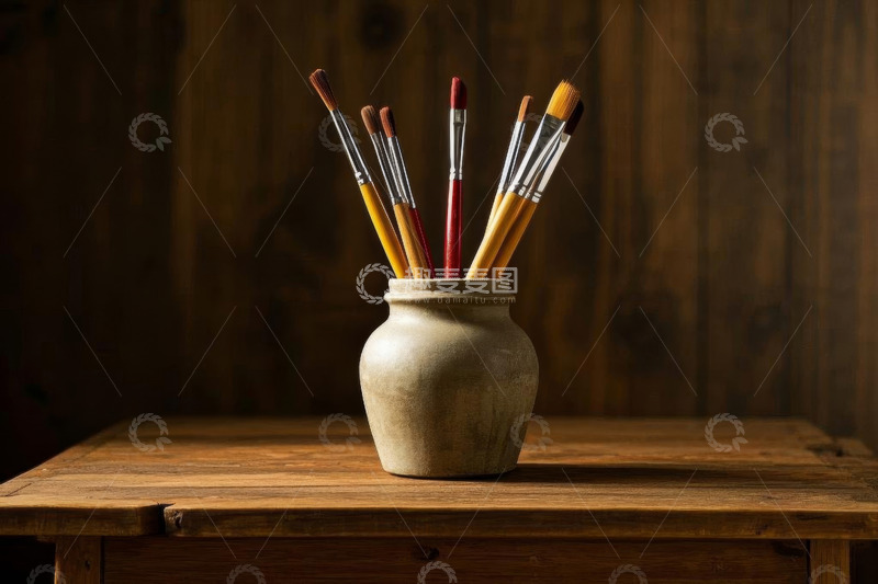 高清大图下载【趣麦麦图】陶罐中摆放的绘画画笔