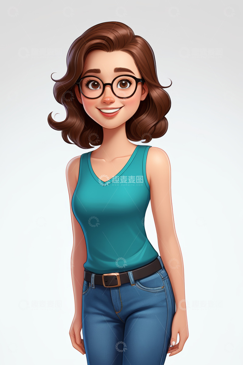 高清大图下载【趣麦麦图】戴眼镜微笑的卡通女性形象