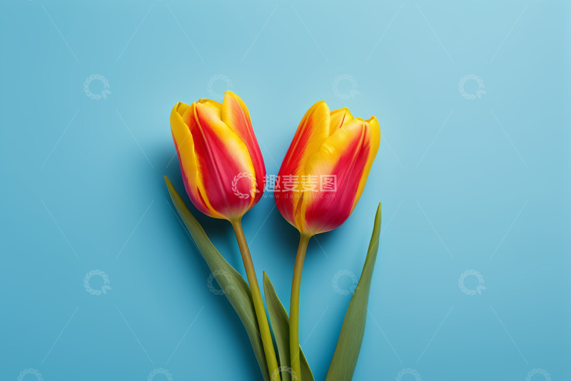 高清大图下载【趣麦麦图】蓝色背景上的红黄双色郁金香