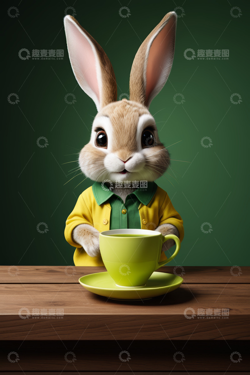 高清大图下载【趣麦麦图】卡通兔子手持绿色茶杯形象