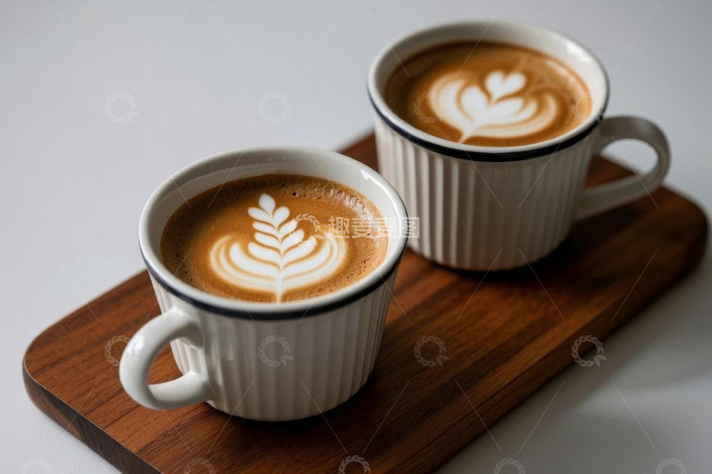高清大图下载【趣麦麦图】两杯拉花咖啡置于木托盘上