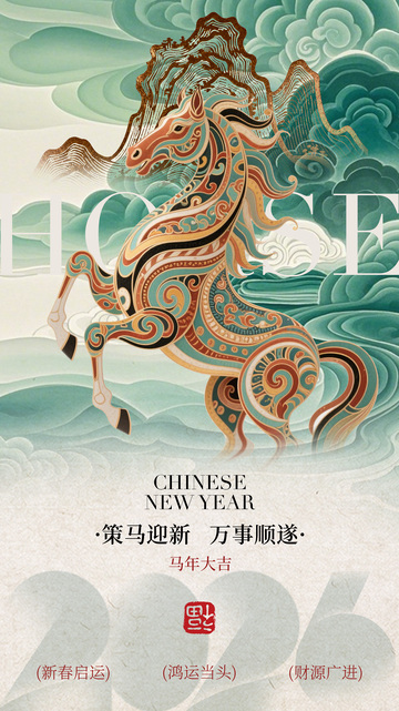 新年马匹插画祝福海报
