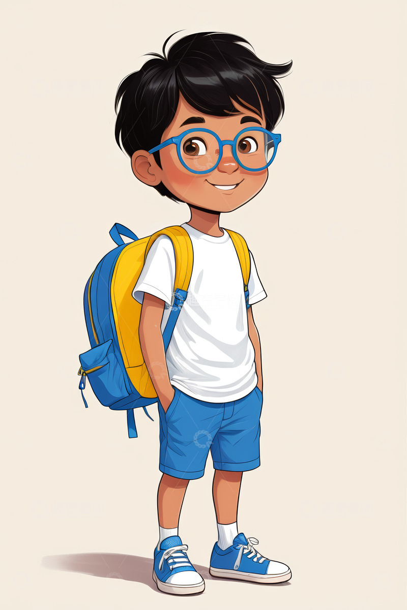高清大图下载【趣麦麦图】背书包戴眼镜的卡通男孩形象