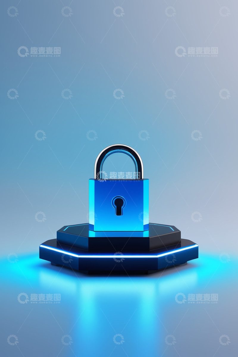 高清大图下载【趣麦麦图】蓝色挂锁置于发光平台上