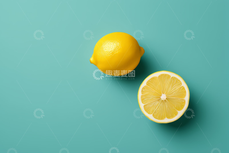高清大图下载【趣麦麦图】青色背景上的柠檬和半颗柠檬