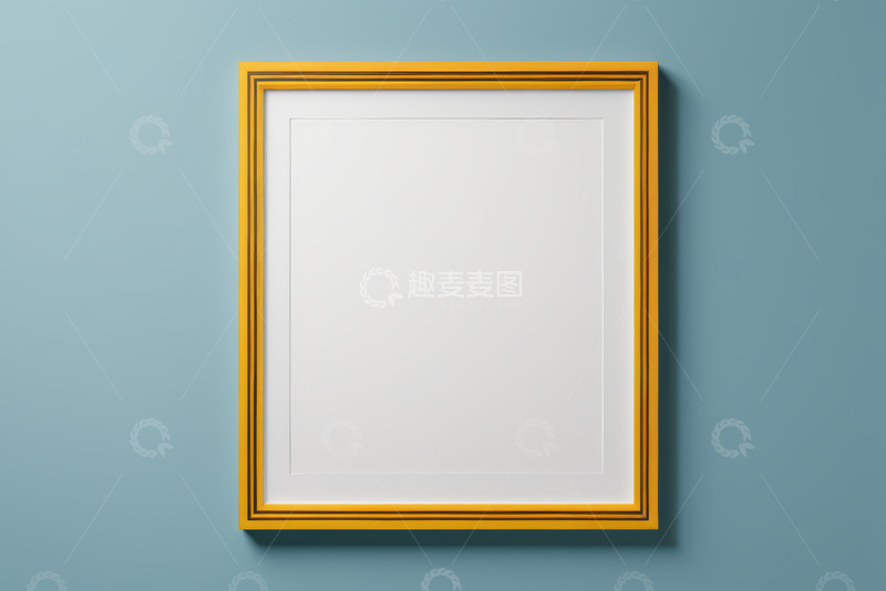 高清大图下载【趣麦麦图】蓝色墙面上的黄色装饰画框