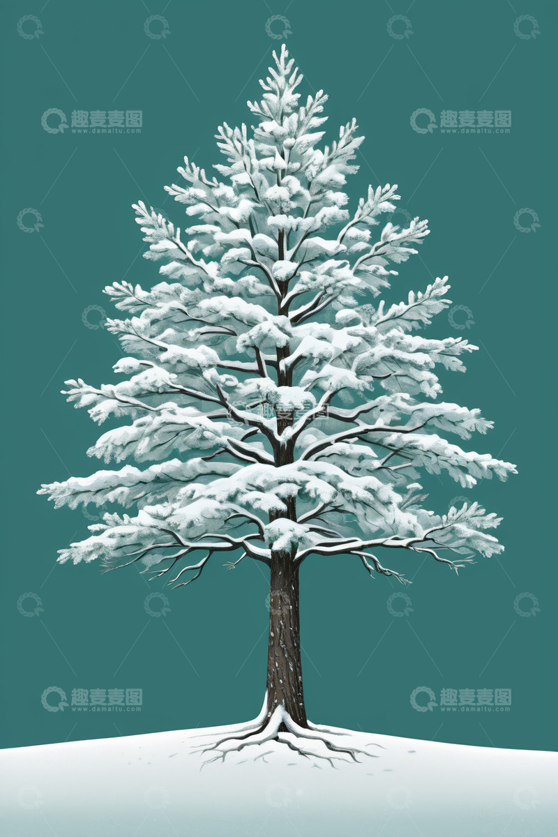 高清大图下载【趣麦麦图】雪景中的雪松插画