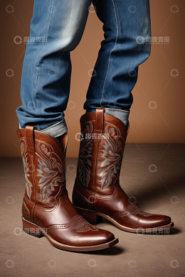 穿着牛仔裤和皮靴的腿部特写