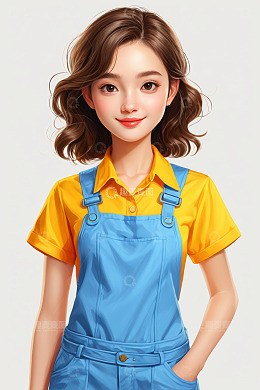 穿背带裤的短发女孩肖像