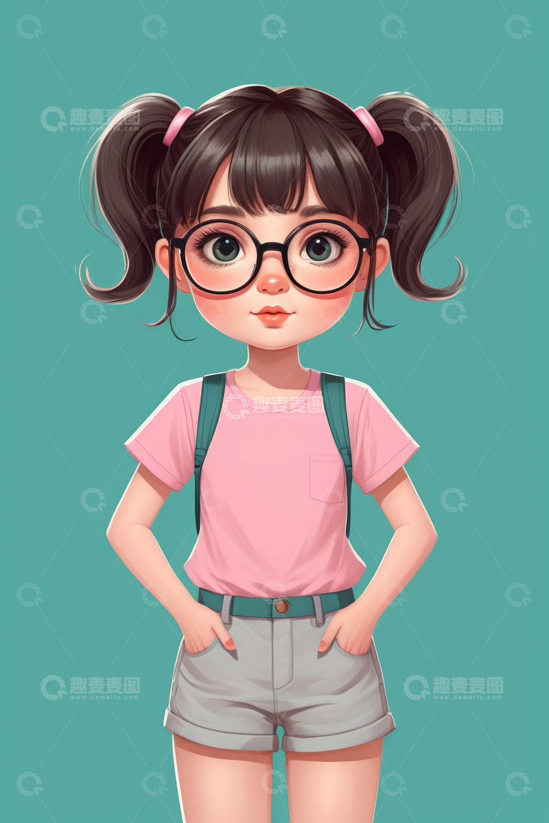 高清大图下载【趣麦麦图】戴眼镜双马尾女孩卡通形象