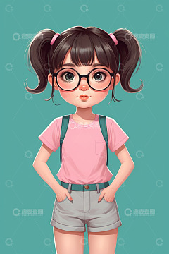 戴眼镜双马尾女孩卡通形象
