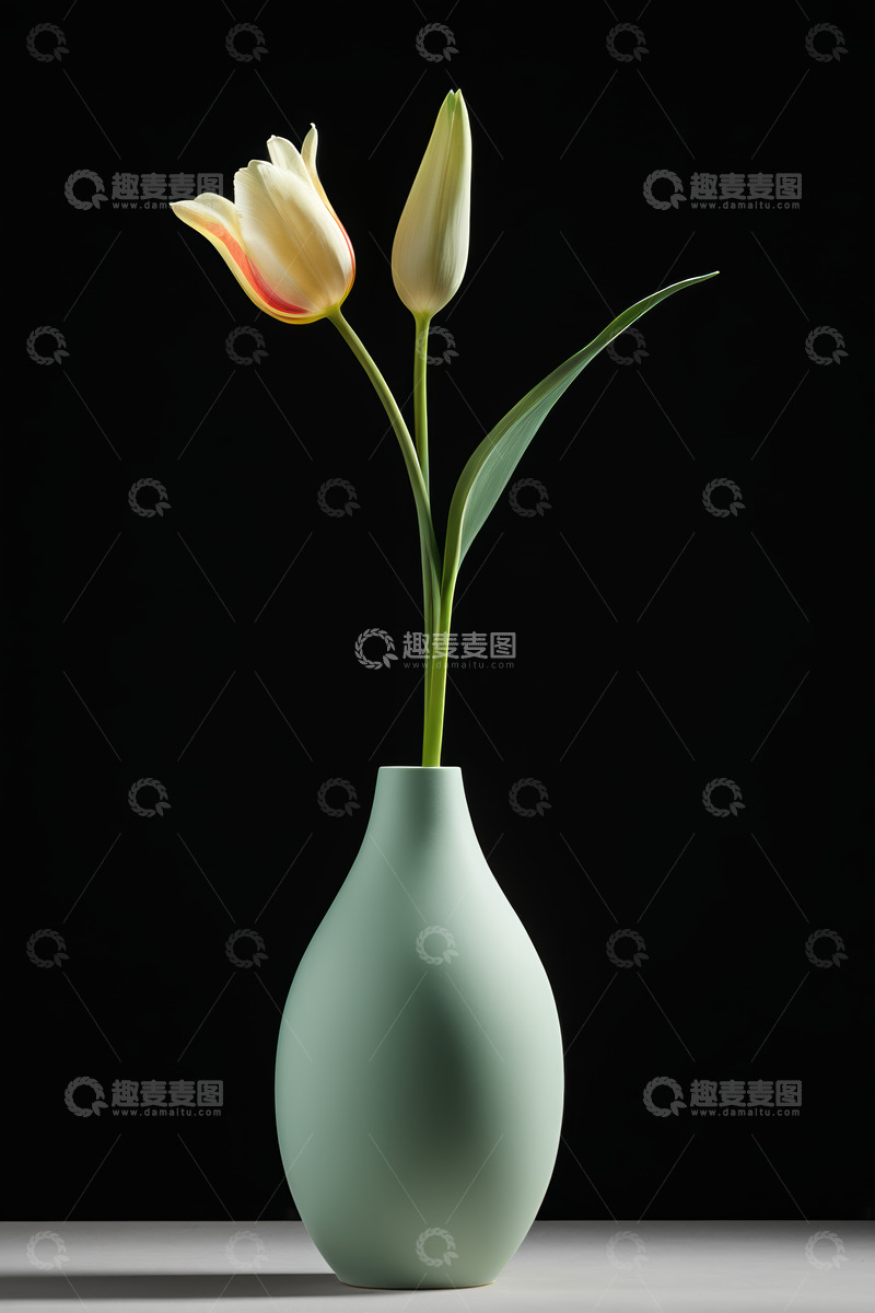 高清大图下载【趣麦麦图】绿色花瓶中的郁金香花卉