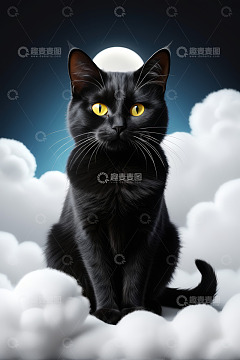 黑猫坐于云朵上的肖像