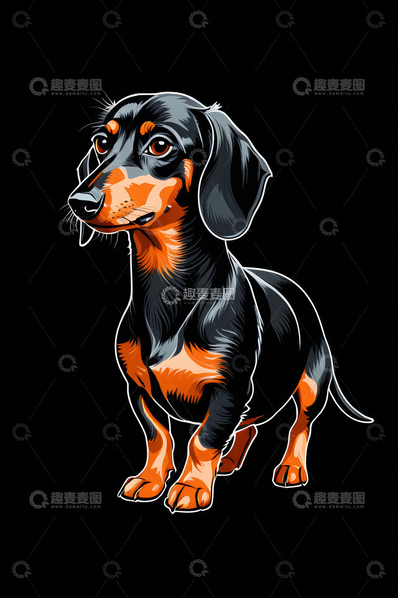 高清大图下载【趣麦麦图】黑色背景上的腊肠犬插画