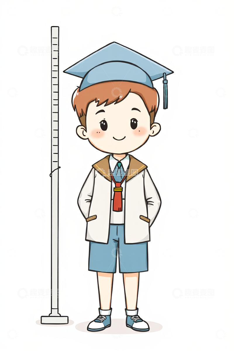高清大图下载【趣麦麦图】戴学士帽小男孩站在身高尺旁
