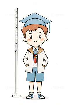 戴学士帽小男孩站在身高尺旁