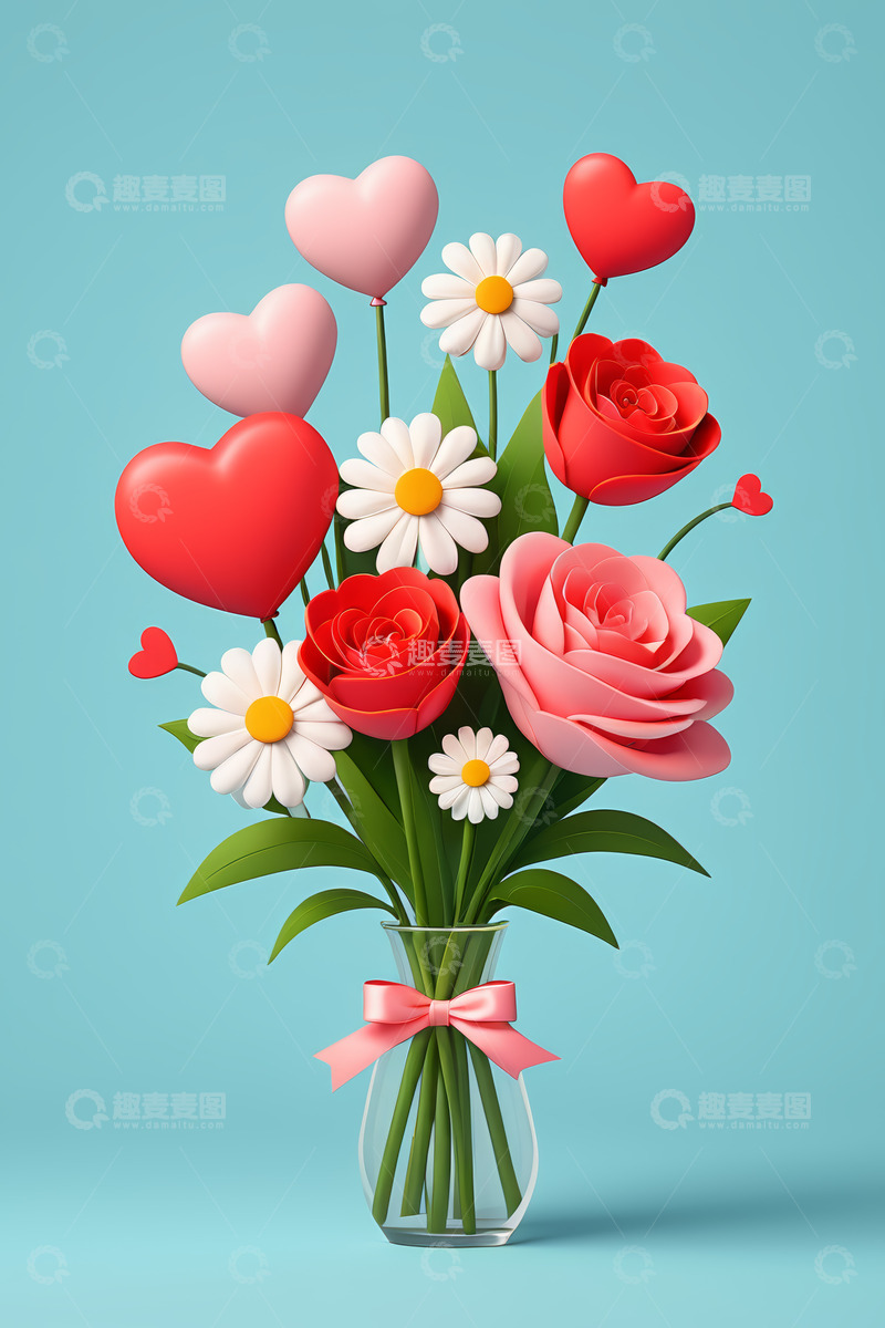 高清大图下载【趣麦麦图】花瓶中的心形装饰与花朵