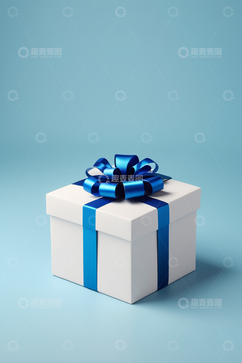 高清大图下载【趣麦麦图】白色礼盒配蓝色丝带礼物素材