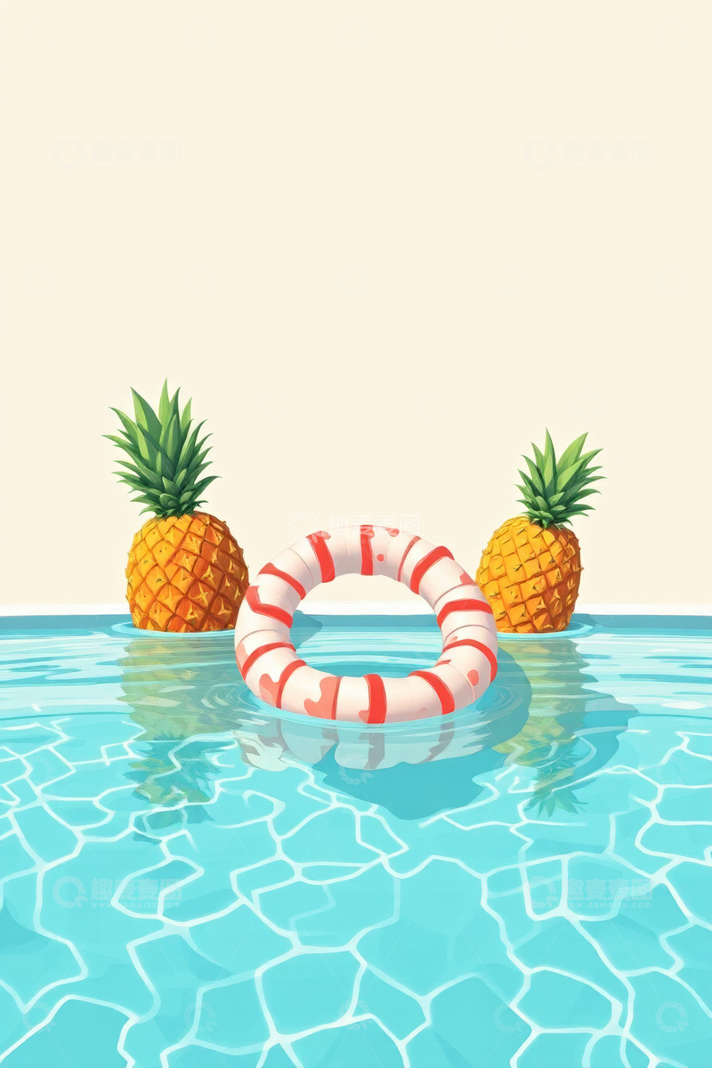 高清大图下载【趣麦麦图】泳池中漂浮的菠萝与游泳圈