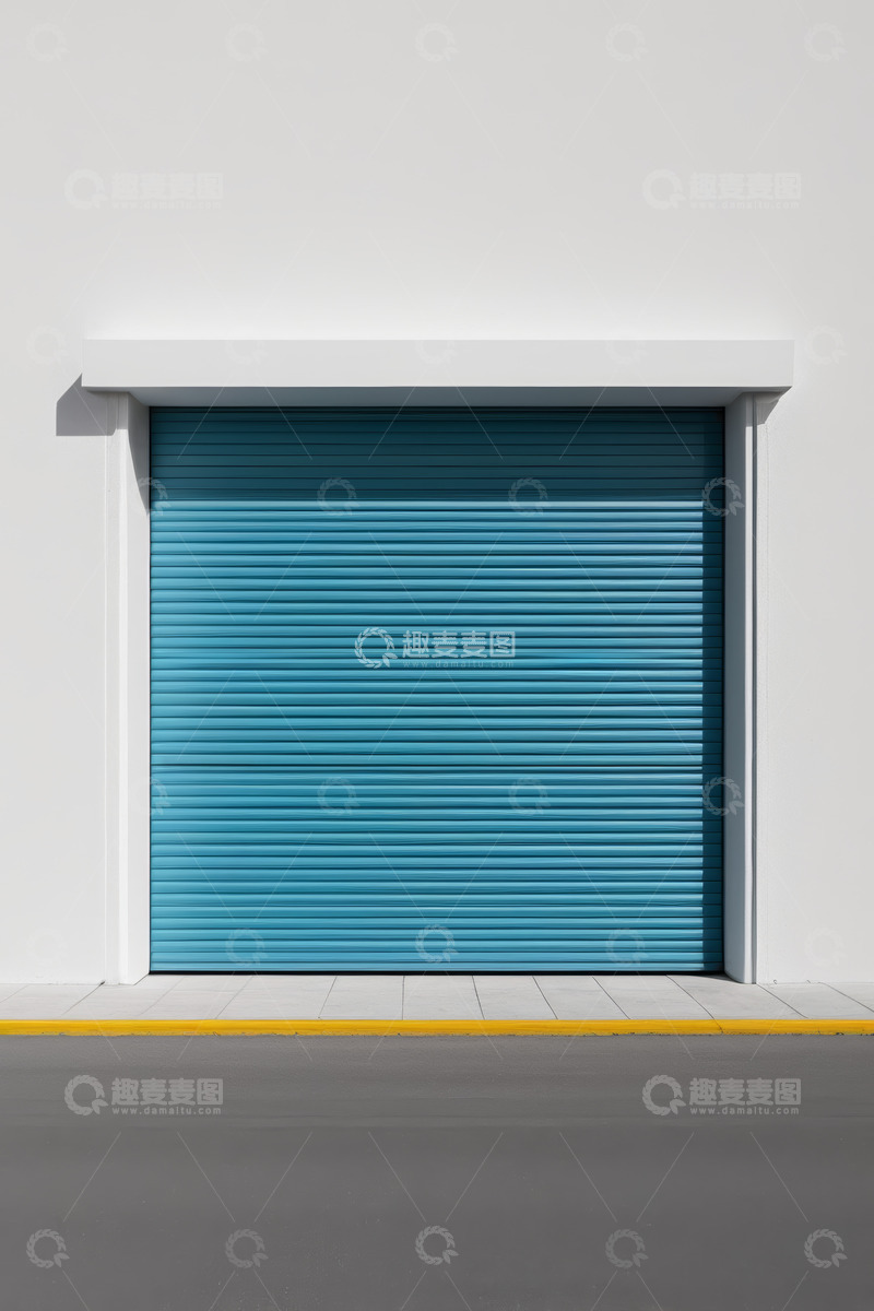 高清大图下载【趣麦麦图】白色建筑前的蓝色卷帘门