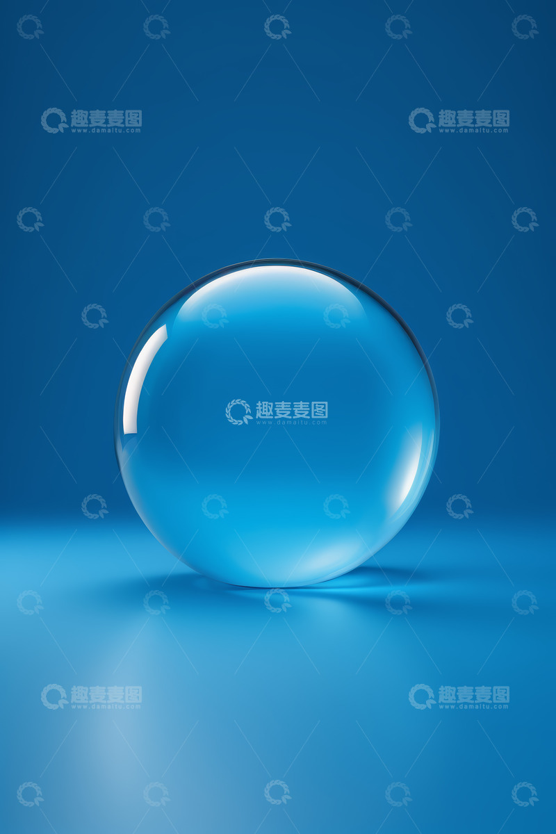 高清大图下载【趣麦麦图】蓝色背景下的透明玻璃球体