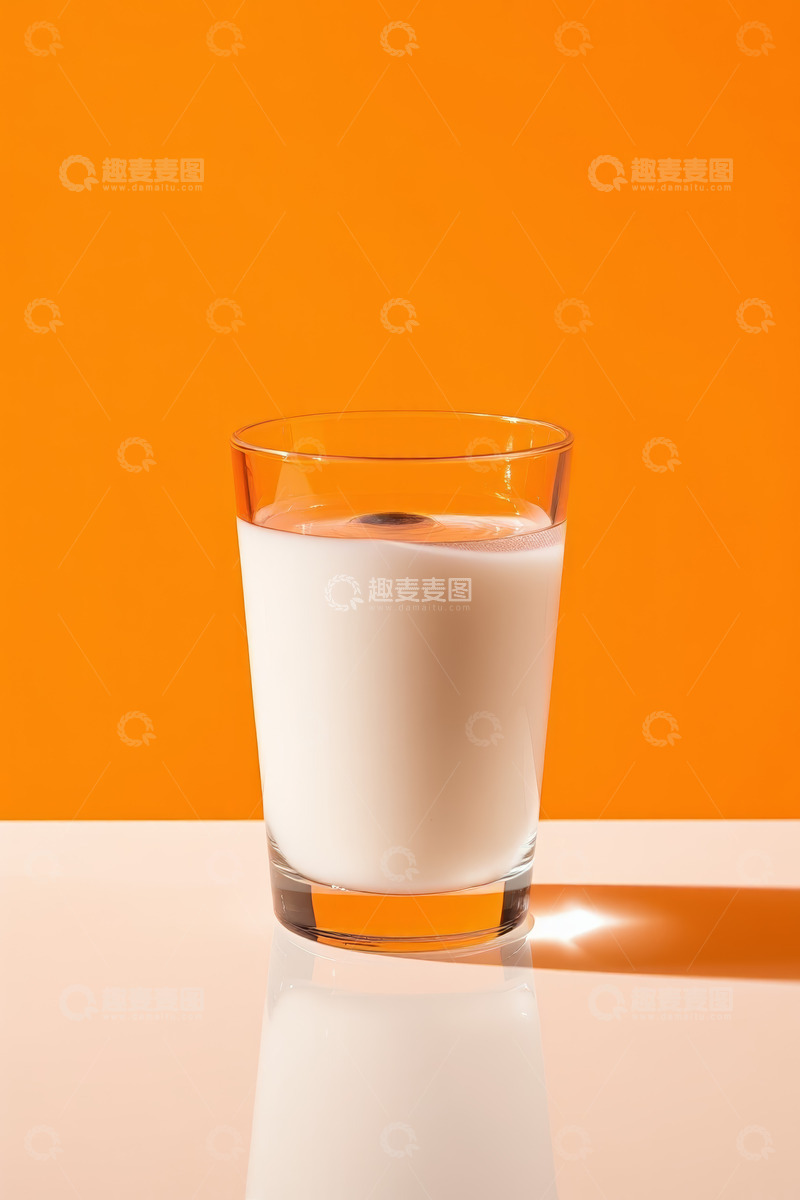 高清大图下载【趣麦麦图】橙色背景玻璃杯装牛奶