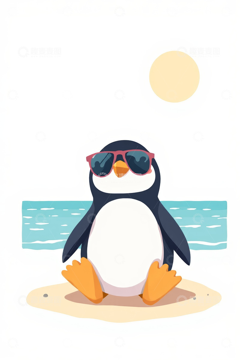 高清大图下载【趣麦麦图】戴墨镜企鹅在海滩休憩