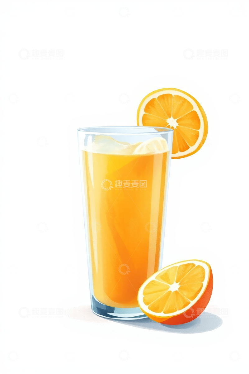 高清大图下载【趣麦麦图】玻璃杯装鲜榨橙汁插画