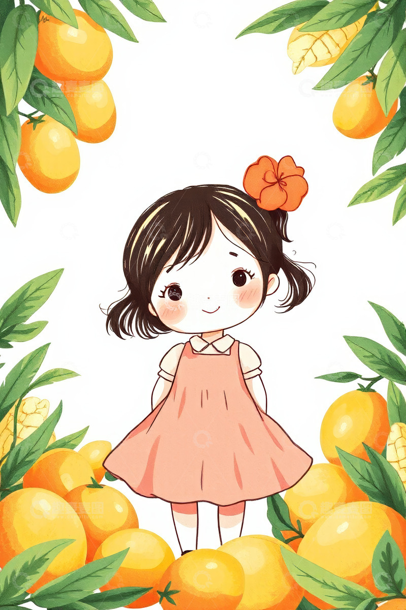 高清大图下载【趣麦麦图】身着粉裙女孩置身柑橘环绕中