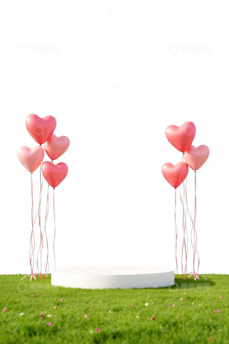 高清大图下载【趣麦麦图】草地上心形气球与白色平台场景