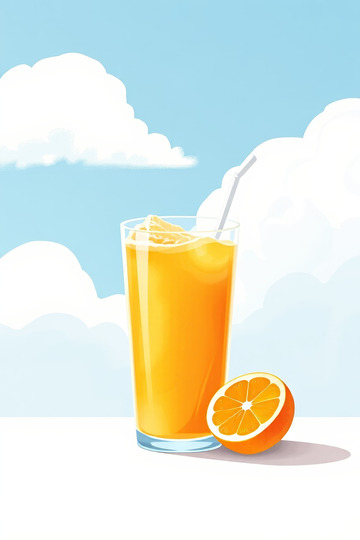 蓝天白云下的橙汁与橙子