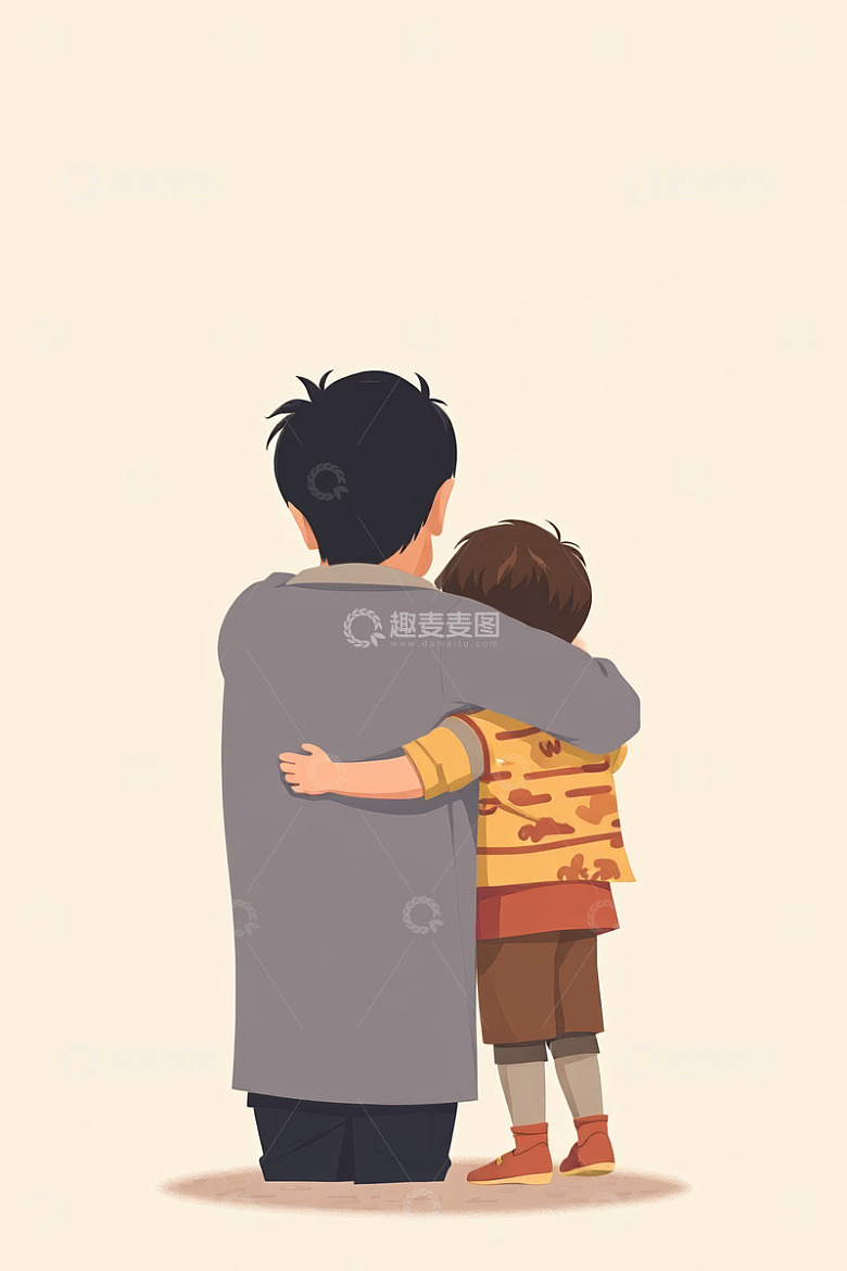 父亲与男孩背后相拥的温馨场景