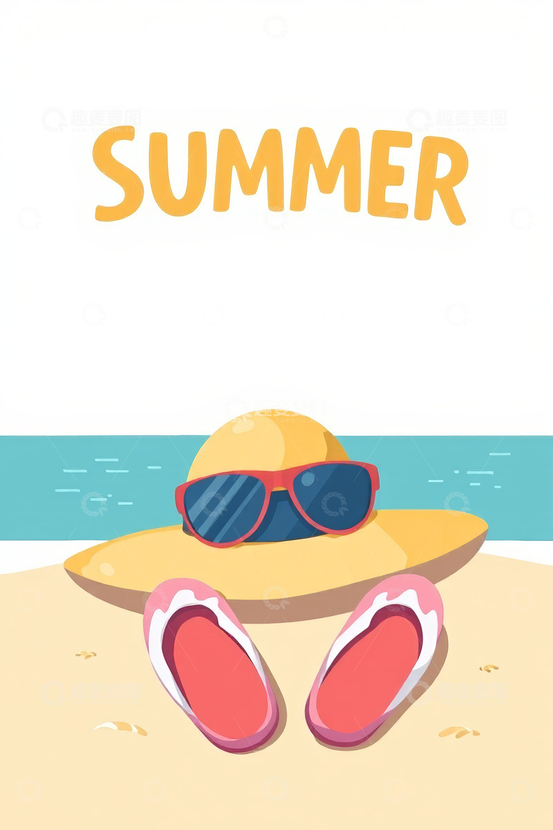 高清大图下载【趣麦麦图】夏日海滩遮阳帽太阳镜拖鞋插图