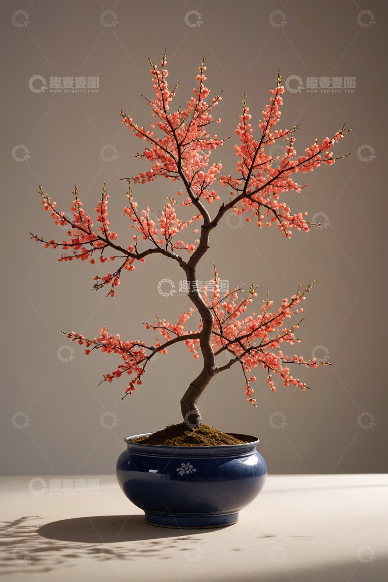 高清大图下载【趣麦麦图】蓝色花盆中的粉色梅花盆景