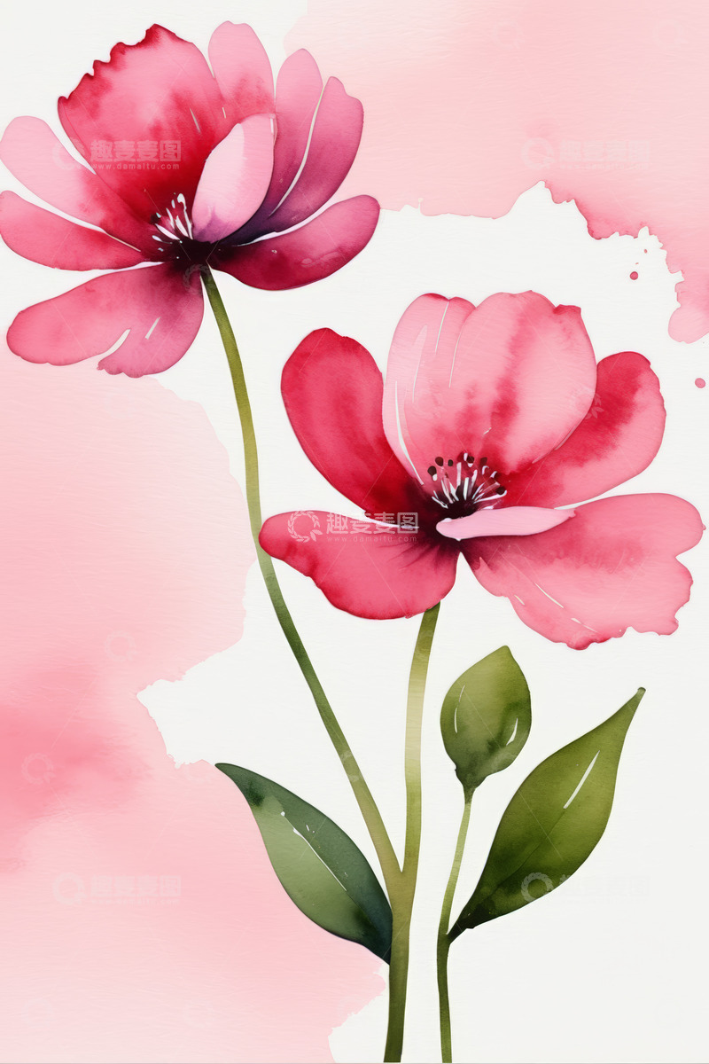 高清大图下载【趣麦麦图】粉色水彩风格花卉插画