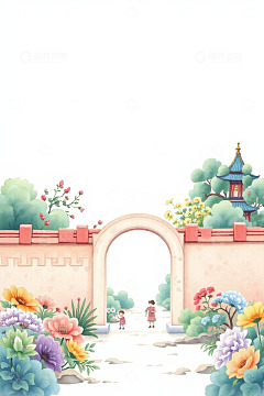 中式庭院拱门旁的人物与花卉