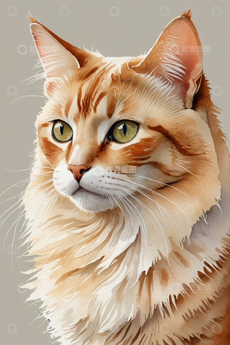 高清大图下载【趣麦麦图】水彩风格橘色长毛猫特写