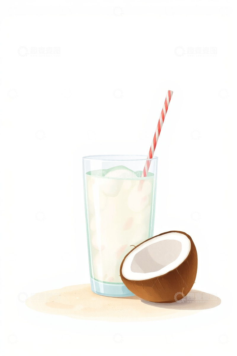 高清大图下载【趣麦麦图】玻璃杯装椰子饮料与半个椰子