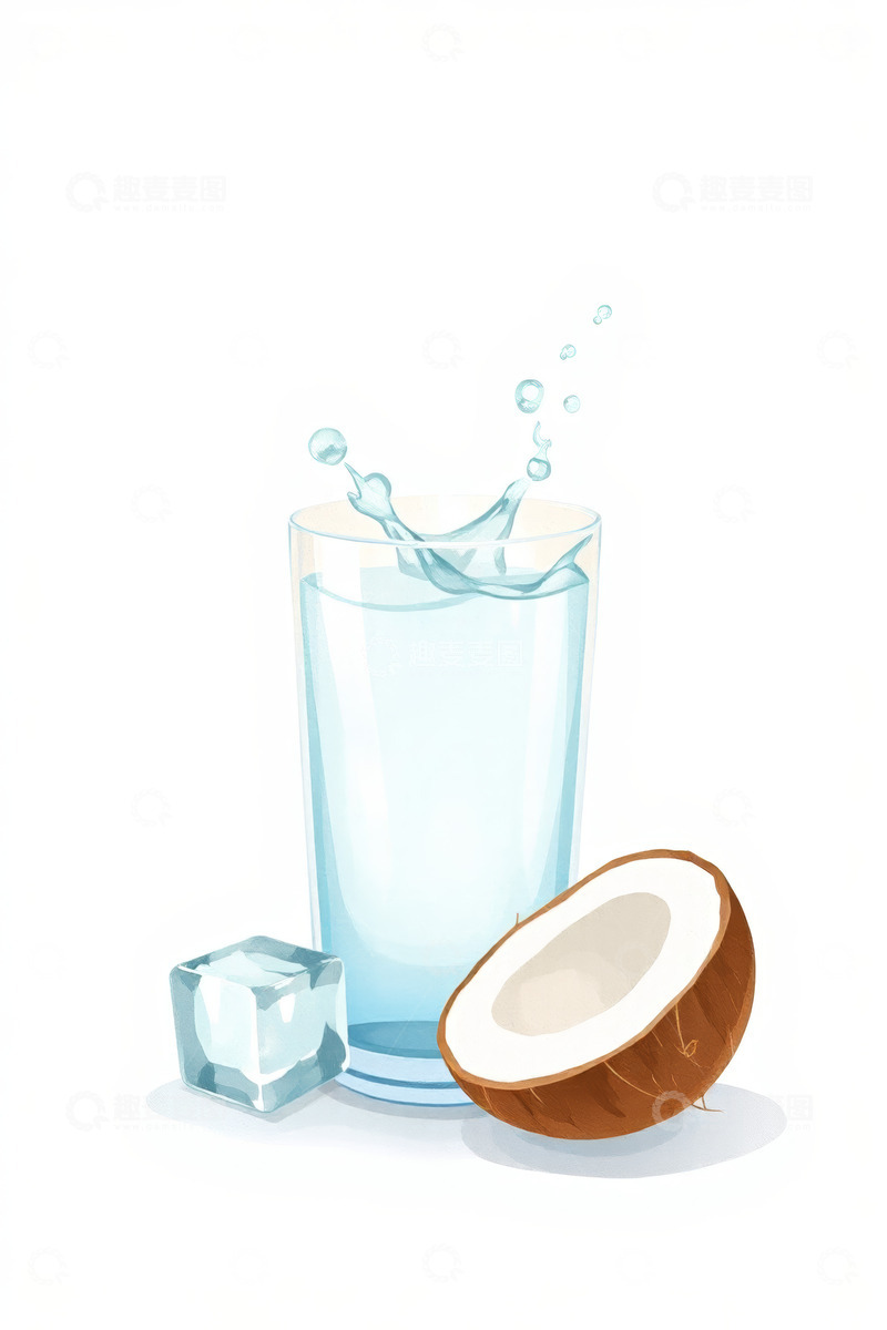 高清大图下载【趣麦麦图】玻璃杯椰子水与冰块插画