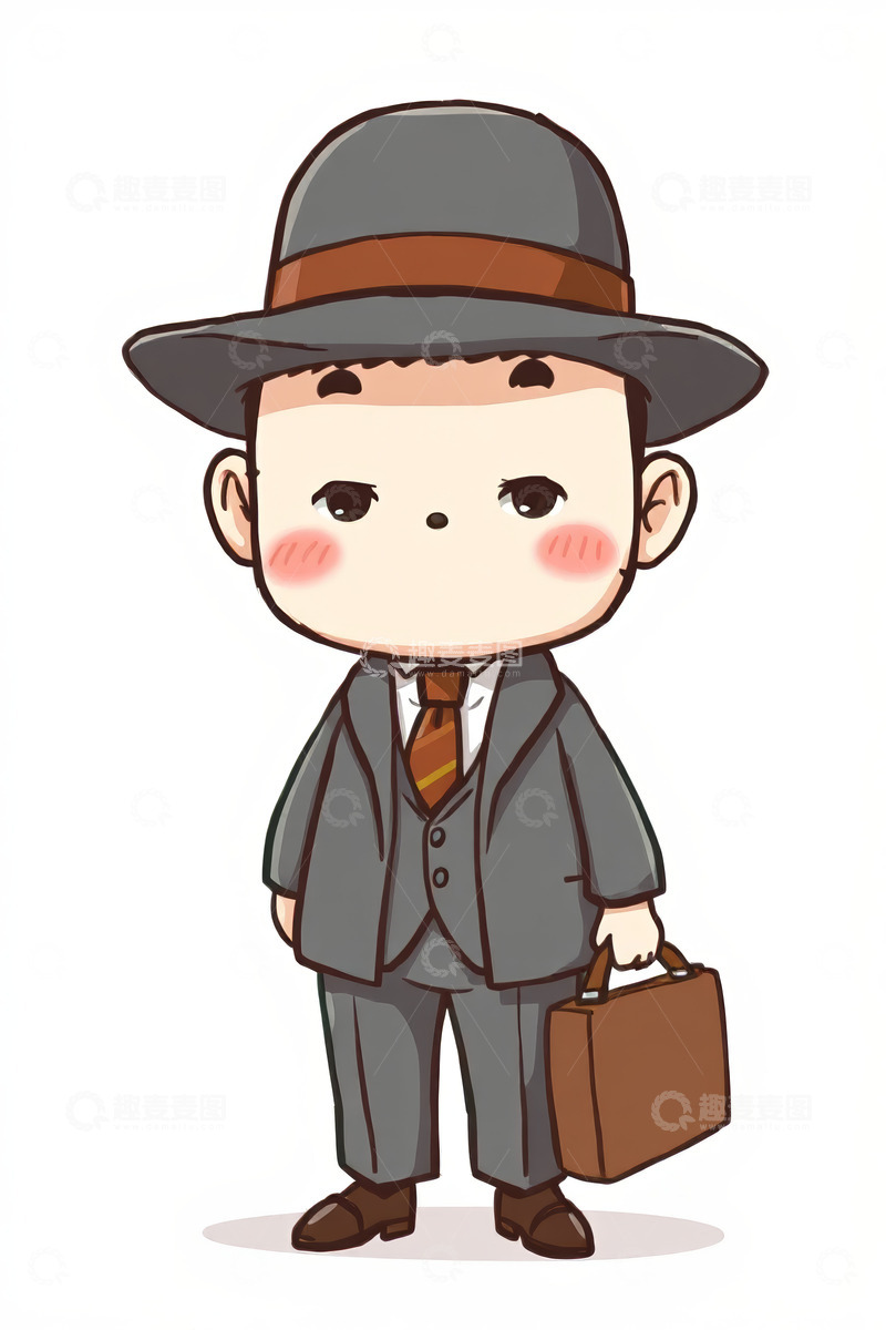 高清大图下载【趣麦麦图】戴礼帽提公文包的卡通商务男子