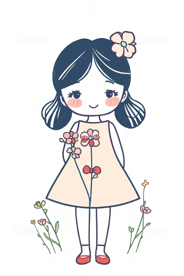 手持花朵的卡通女孩形象
