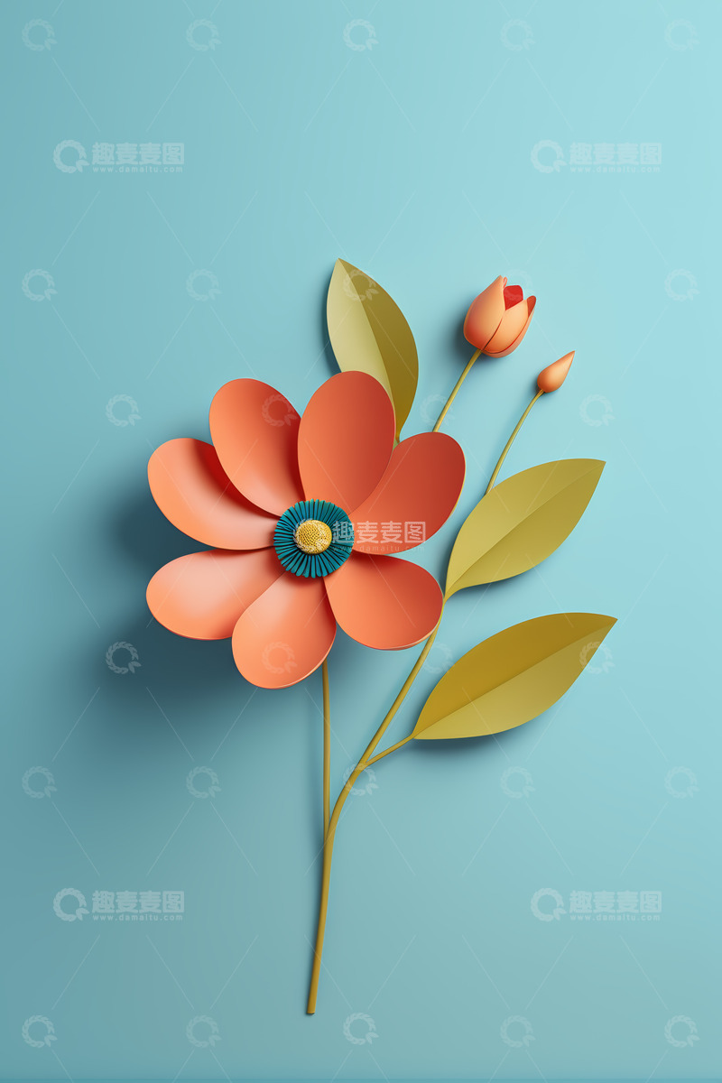 高清大图下载【趣麦麦图】蓝色背景下的立体花朵装饰素材