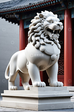 中式古建筑旁的石狮子雕像
