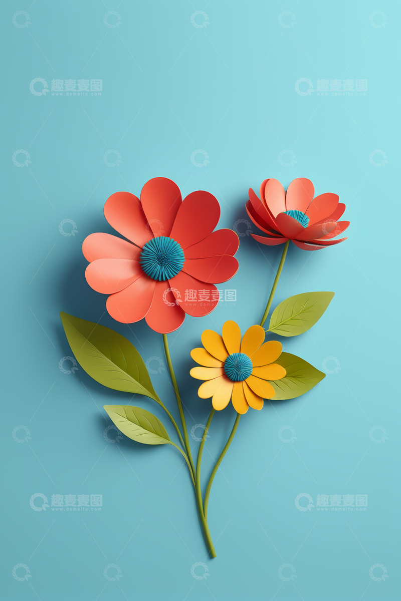 高清大图下载【趣麦麦图】蓝色背景上的立体纸艺花朵