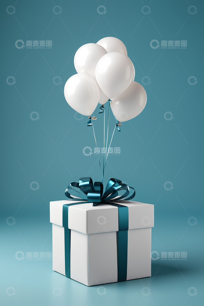 高清大图下载【趣麦麦图】白色礼盒配飘飞气球素材