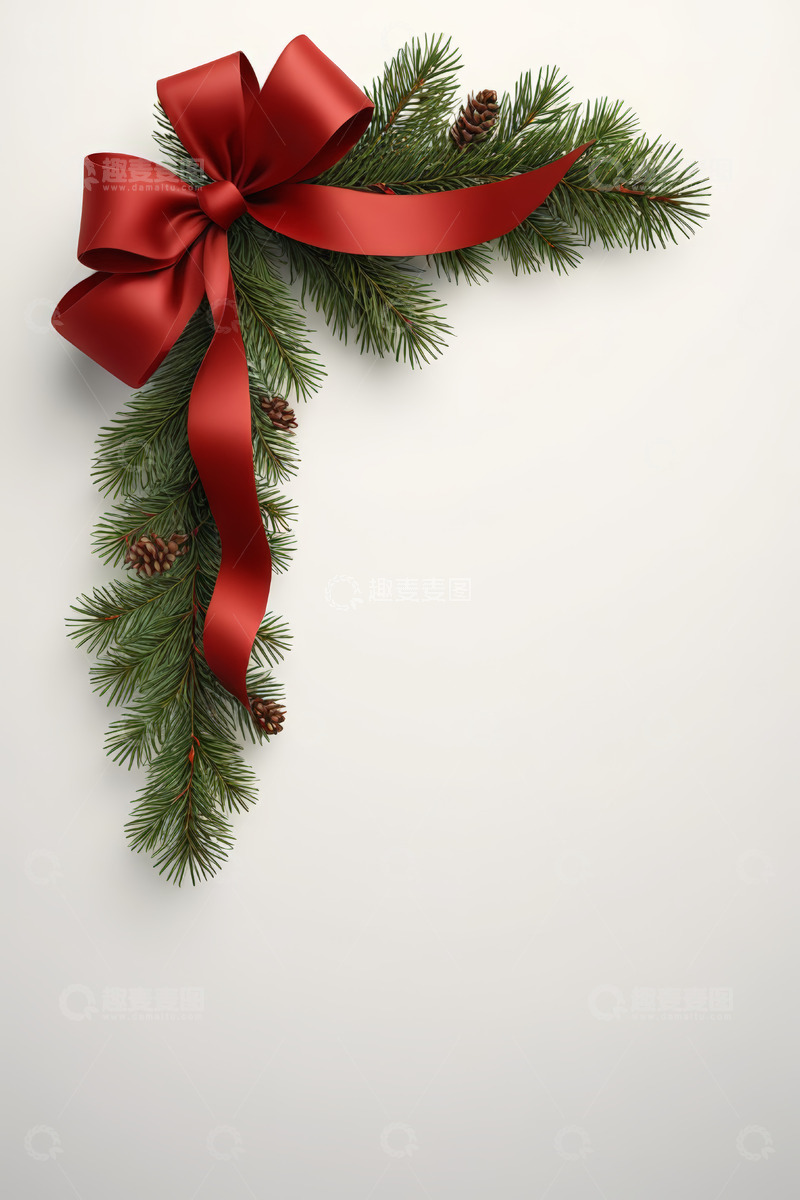 高清大图下载【趣麦麦图】圣诞松枝红丝带装饰素材