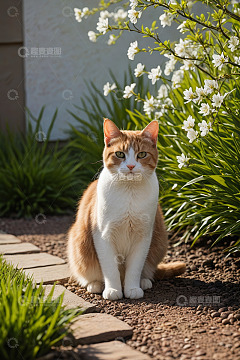 户外花园中的橙白相间猫咪
