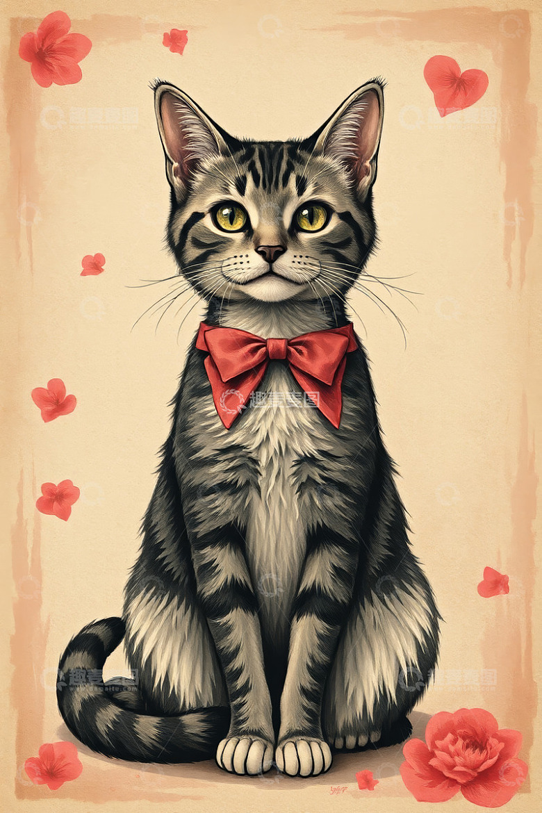 戴红色领结的猫咪插画