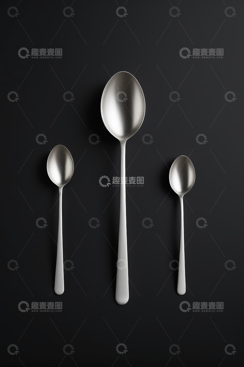 高清大图下载【趣麦麦图】黑色背景下的三把金属勺子